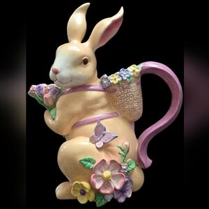 Magenta Easter Bunny Pitcher Ceramic Rabbit Floral Vase Spring Decor